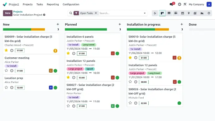 Kanban-Ansicht für Solarprojekte in Odoo