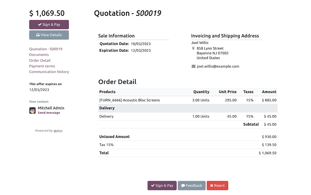 Angebot in Odoo Verkauf aus Kundensicht mit Positionen, Summen und Unterschrift
