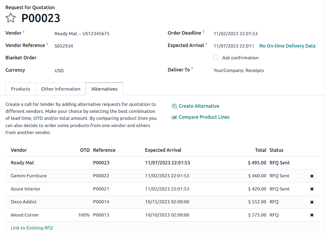 Angebotsanfrage in Odoo Einkauf mit Lieferant, Positionen und alternativen Angeboten