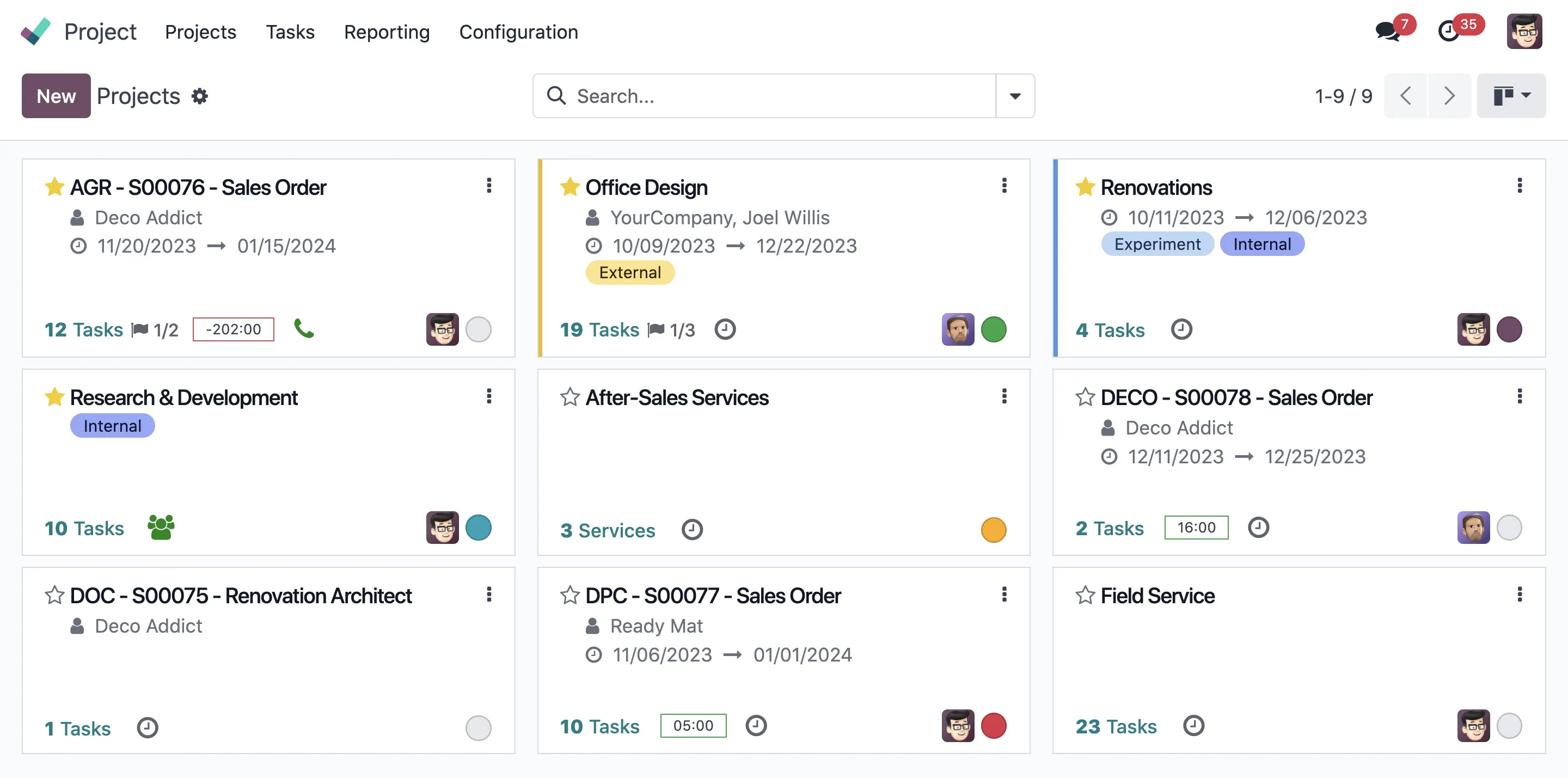 Kanban-Ansicht in Odoo Projekt mit Projekten, Status und Verantwortlichen