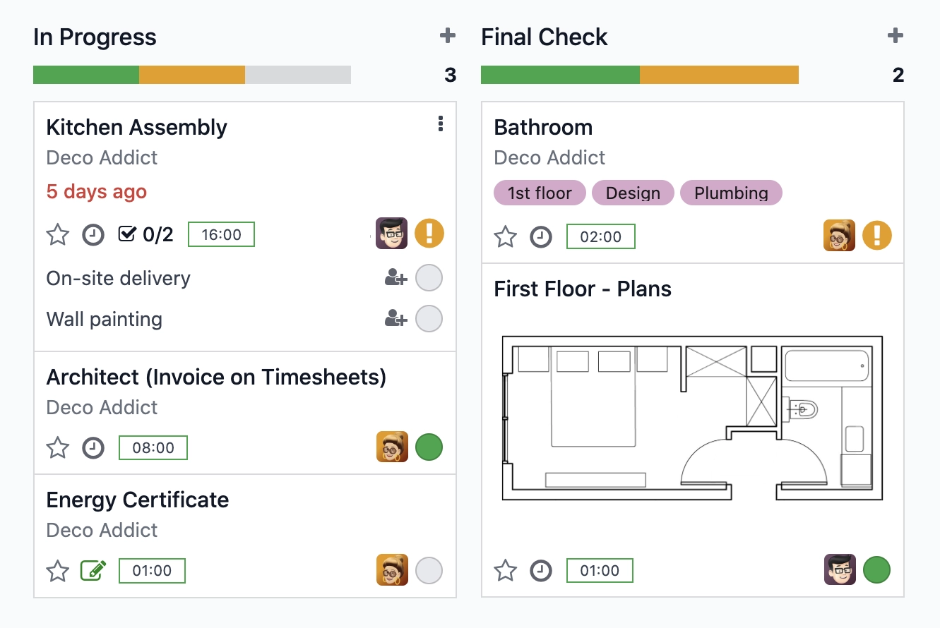 Aufgaben eines Projekts in Odoo nach Phasen mit Plan und Unterlagen