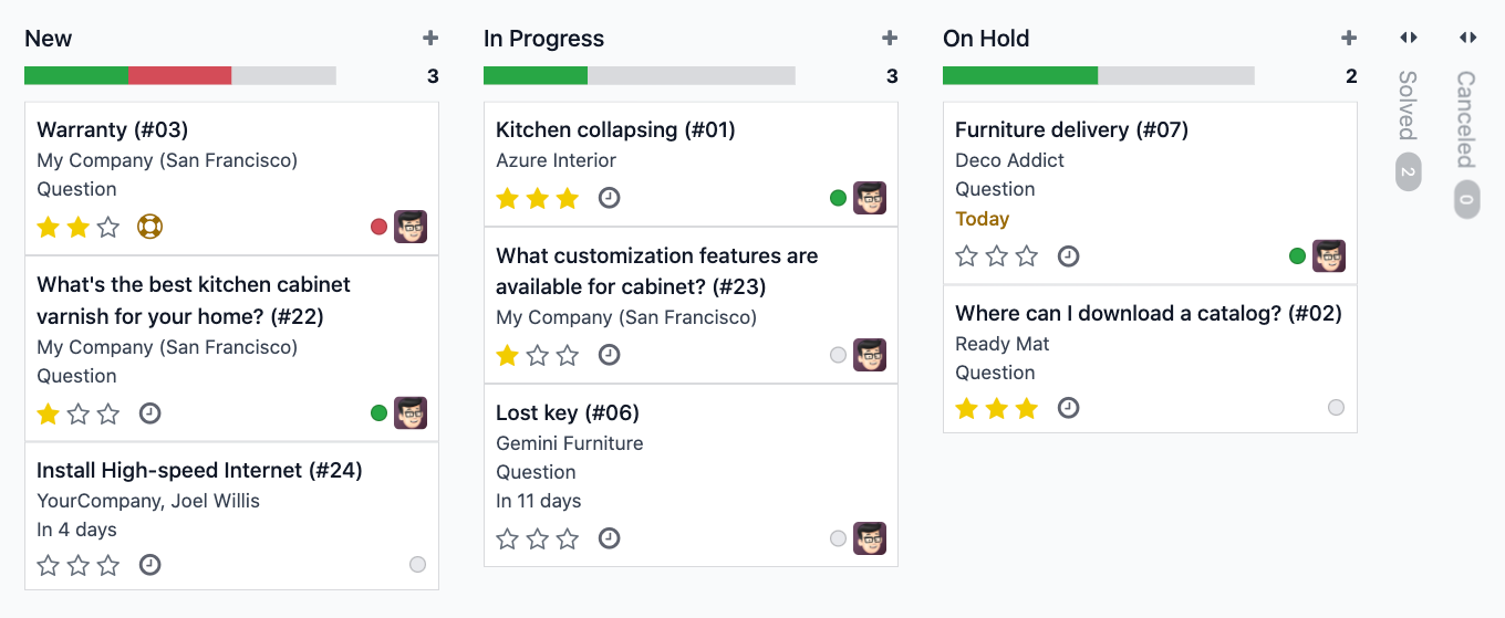 Tickets in Odoo Helpdesk als Kanban-Board mit Priorität und Bearbeitung