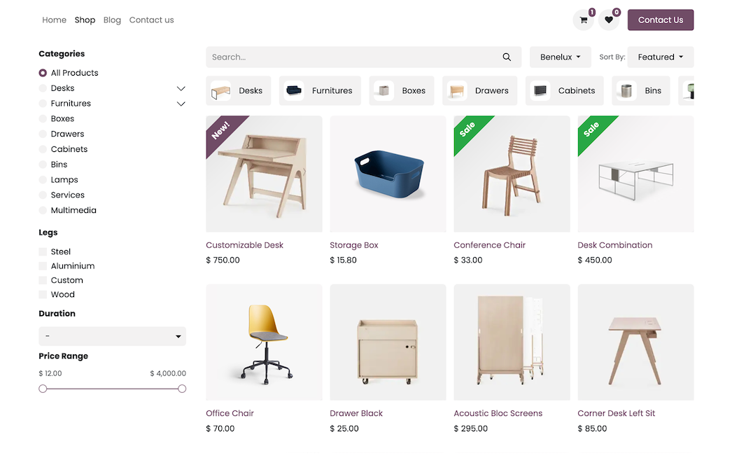Odoo Onlineshop mit Produktkategorien, Filtern und Produktkacheln