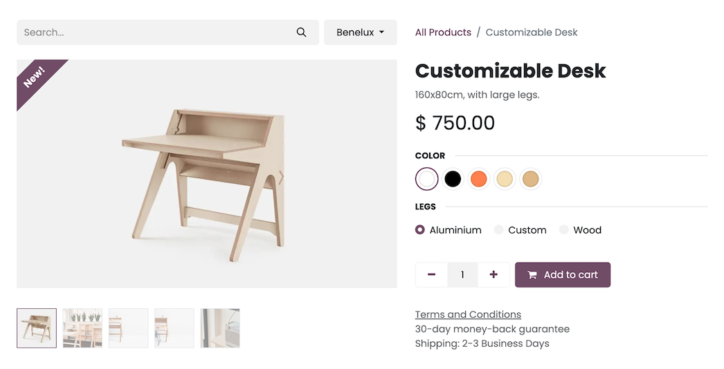 Produktseite in Odoo E-Commerce mit Varianten, Preis und Warenkorb-Schaltfläche