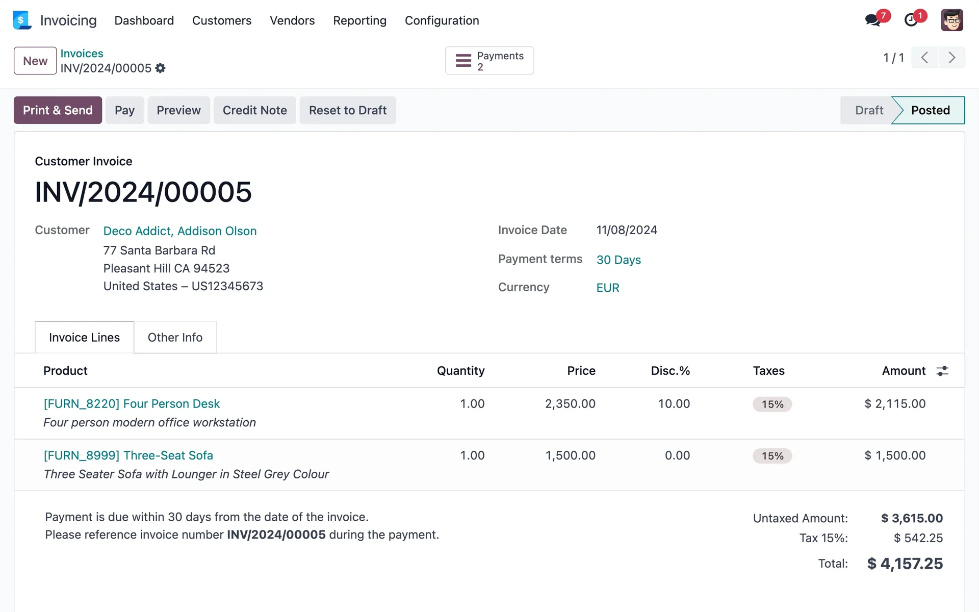Kundenrechnung in Odoo mit Positionen, Steuern und Gesamtbetrag