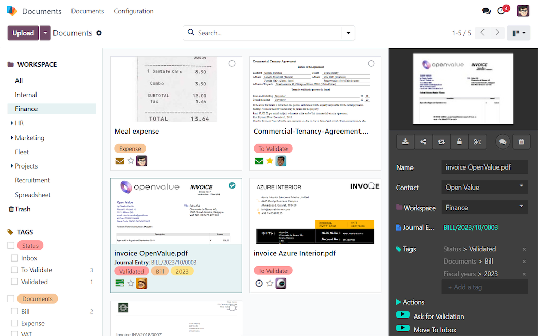 Odoo Dokumente mit Ordnern, Tags und Dateivorschau