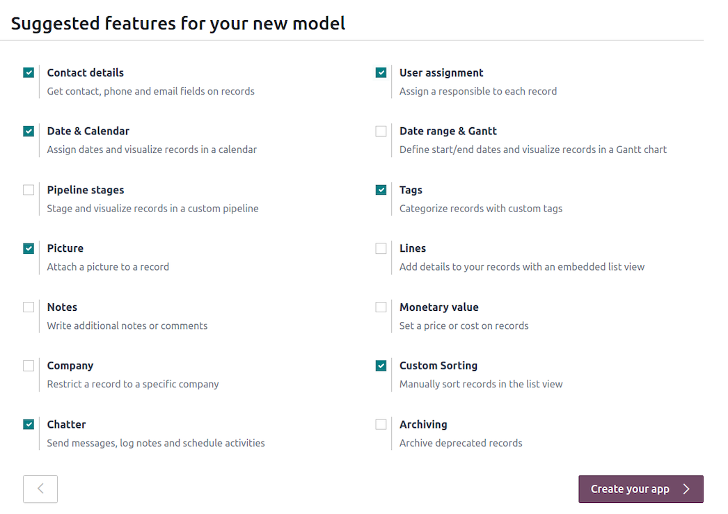 Assistent in Odoo Studio mit vorgeschlagenen Funktionen für eine neue App