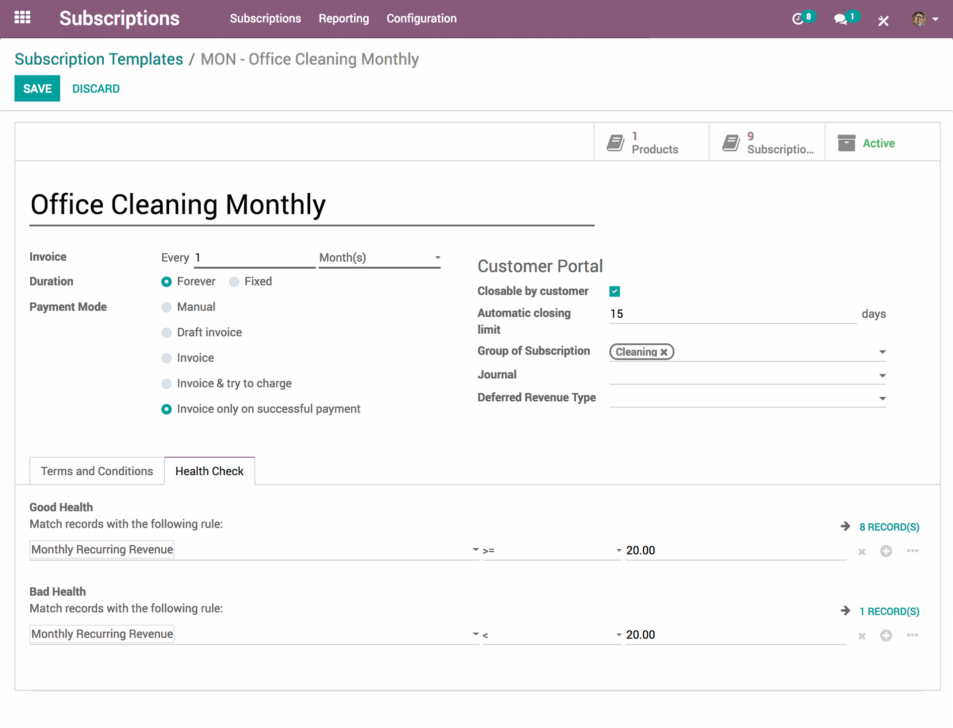Vorlage für Abonnements in Odoo mit Laufzeit, Kundenportal-Optionen und Zustand