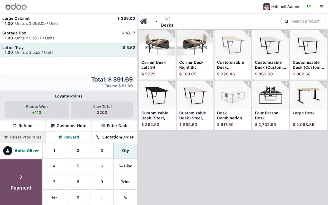 Kassenoberfläche in Odoo mit Warenkorb, Produktkacheln und Zahlungsbereich