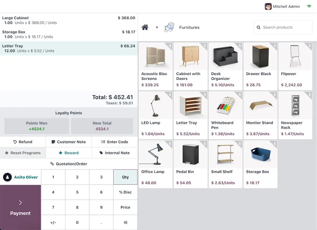 Odoo Kassensystem mit Produktkategorien, Kundenauswahl und Nummernblock