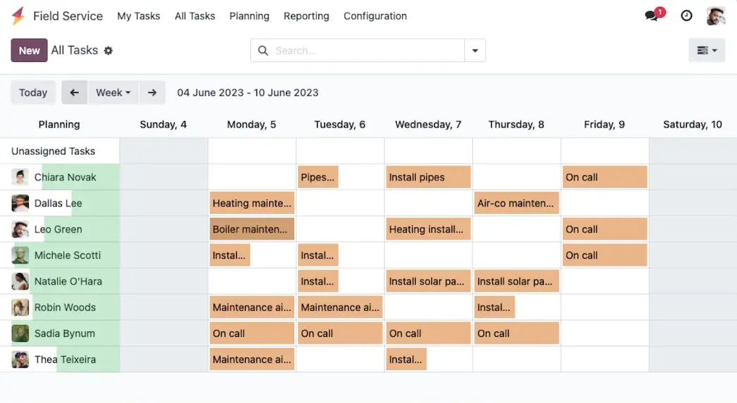 Gantt-Planung der Außendiensteinsätze je Techniker in Odoo