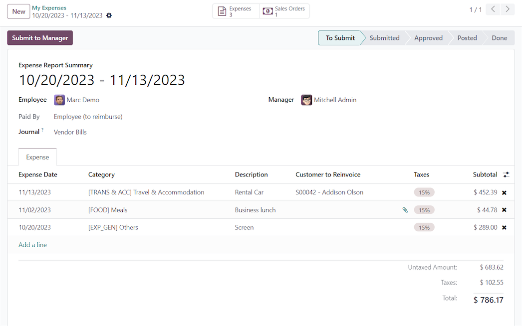 Spesenbericht in Odoo mit mehreren Ausgaben, Mitarbeitendem und Gesamtbetrag
