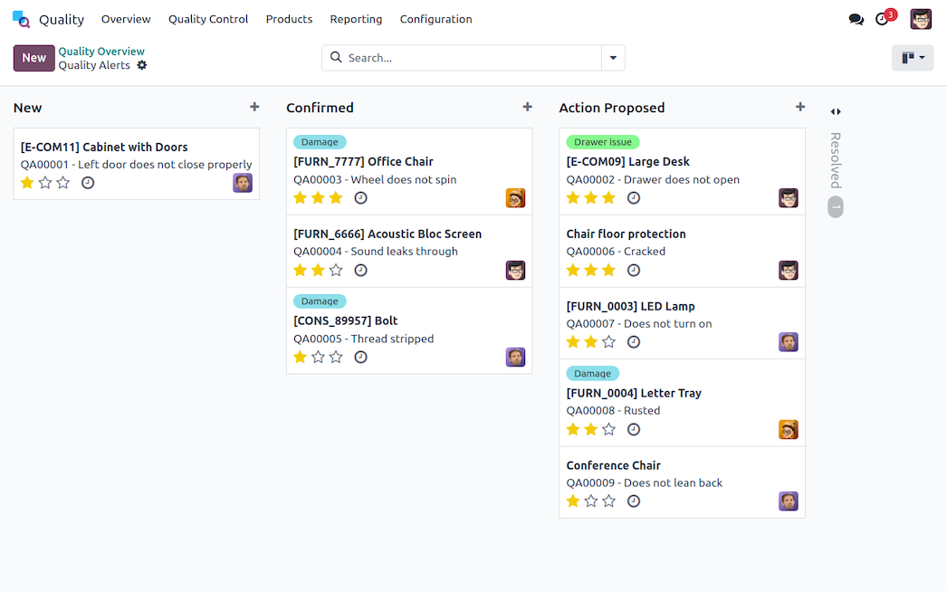 Qualitätsmeldungen in Odoo Qualität als Kanban-Board mit Priorität
