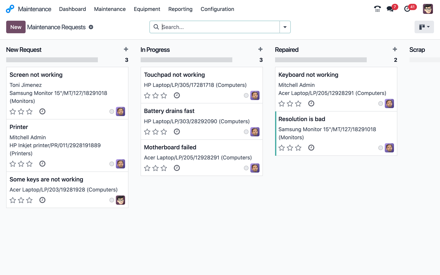 Wartungsanfragen in Odoo Wartung als Kanban-Board mit Ausrüstung und Status