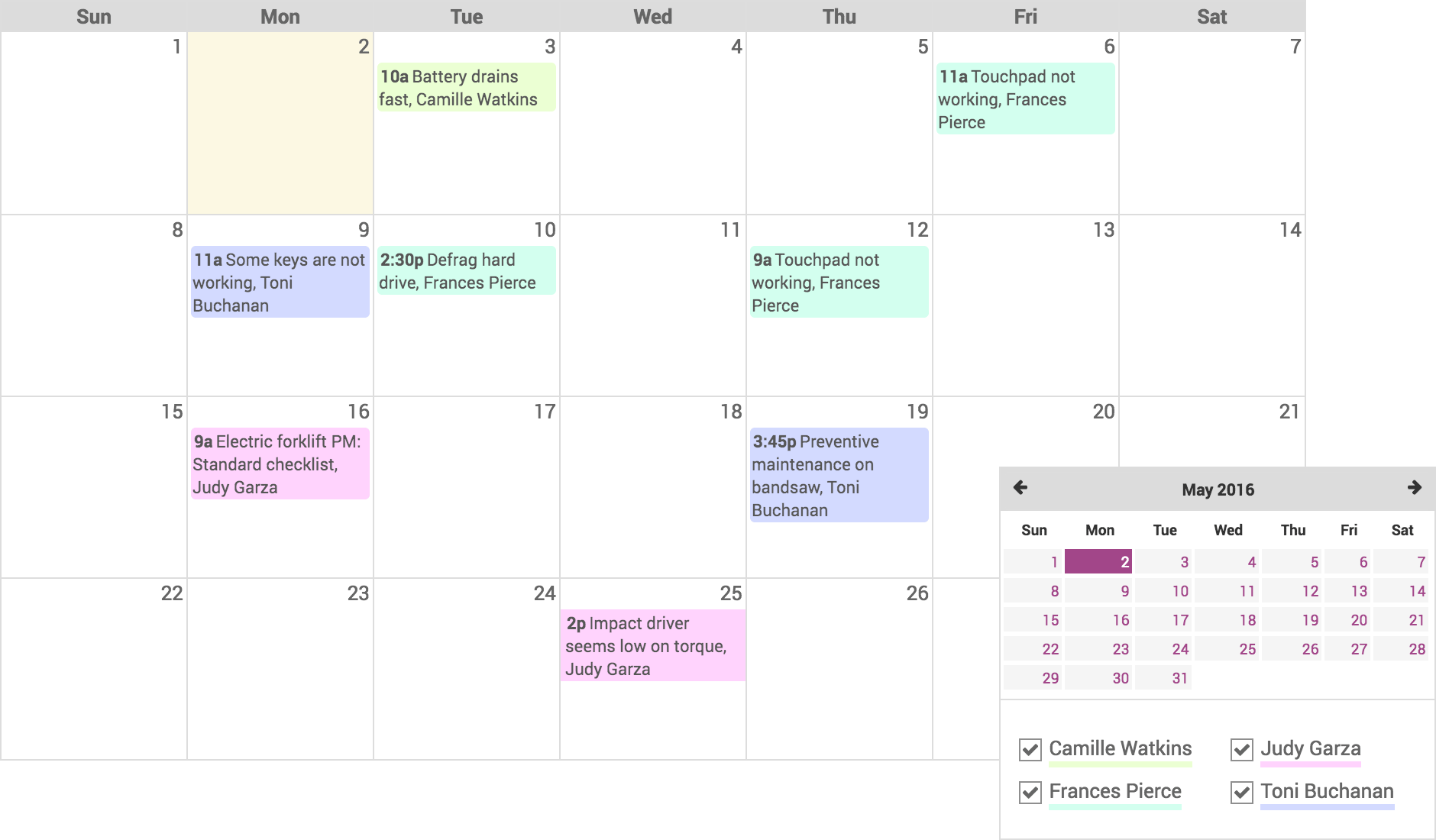 Wartungskalender in Odoo mit geplanten Wartungen und Verantwortlichen