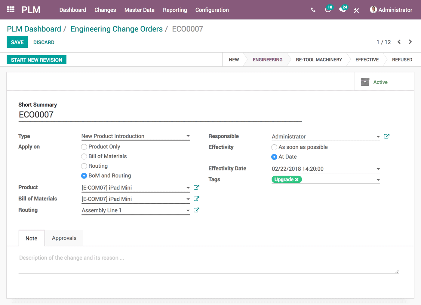 Änderungsauftrag in Odoo PLM mit Produkt, Stückliste, Verantwortlichem und Freigaben