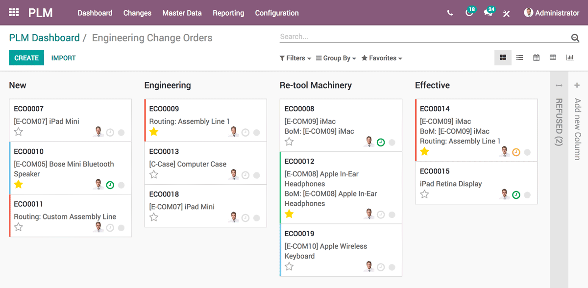 Änderungsaufträge in Odoo PLM als Kanban-Board nach Phasen