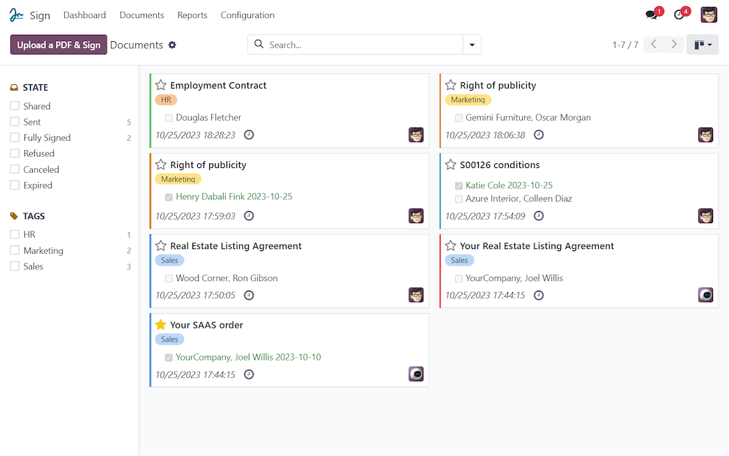 Übersicht der Signaturanfragen in Odoo Sign mit Status