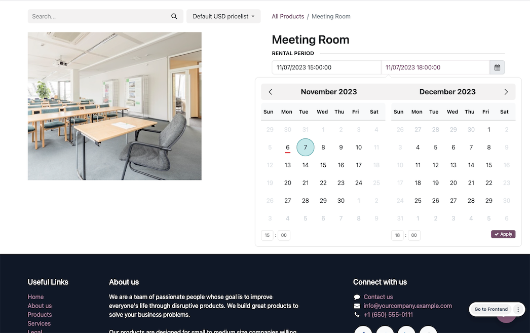 Mietprodukt im Odoo Onlineshop mit Buchungskalender für den Mietzeitraum