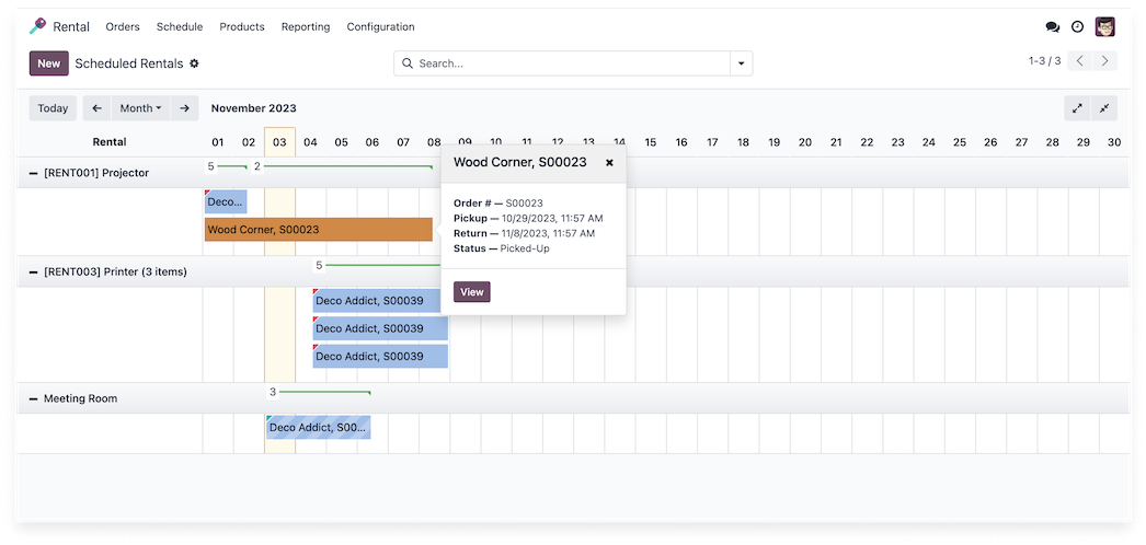 Mietplanung in Odoo Vermietung als Zeitplan je Mietobjekt