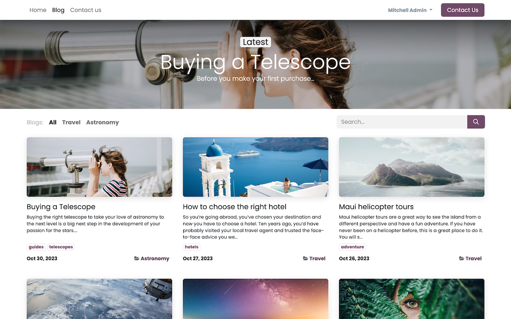 Blogübersicht in Odoo mit Beiträgen, Bildern und Kategorien