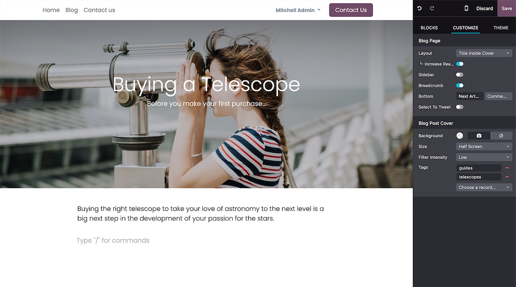 Odoo Website-Editor beim Gestalten eines Blogbeitrags mit Bausteinen
