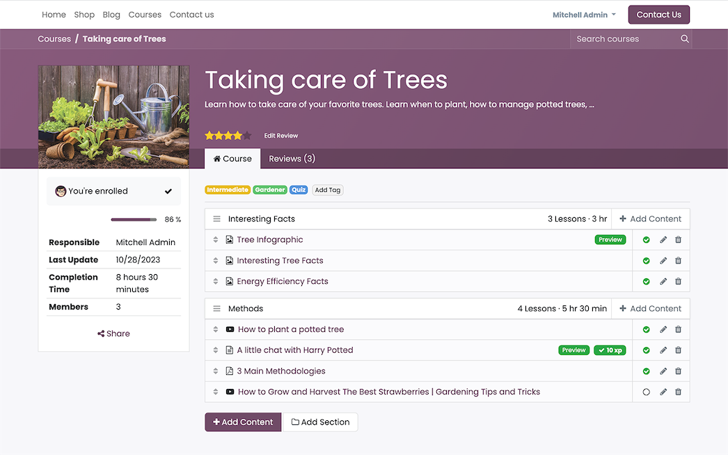 Kursseite in Odoo eLearning mit Inhalten und Fortschritt