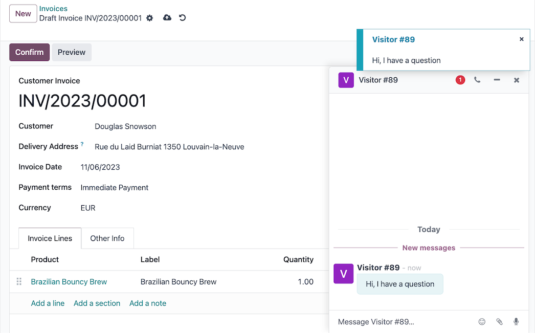 Live-Chat-Anfrage in Odoo während der Arbeit an einer Rechnung