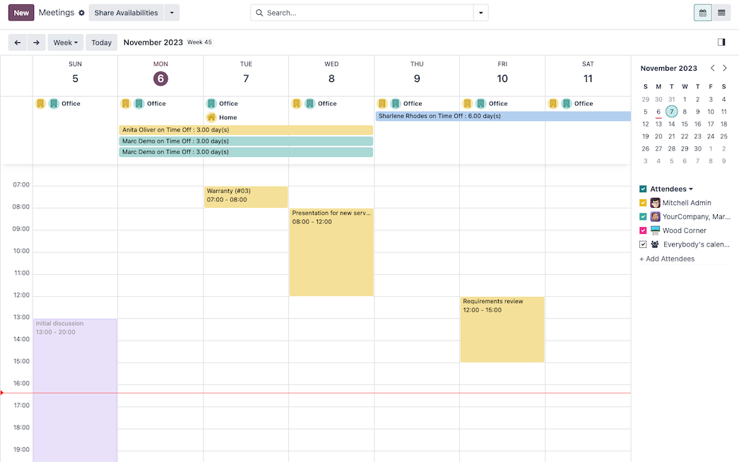 Gebuchte Termine in Odoo im Wochenkalender