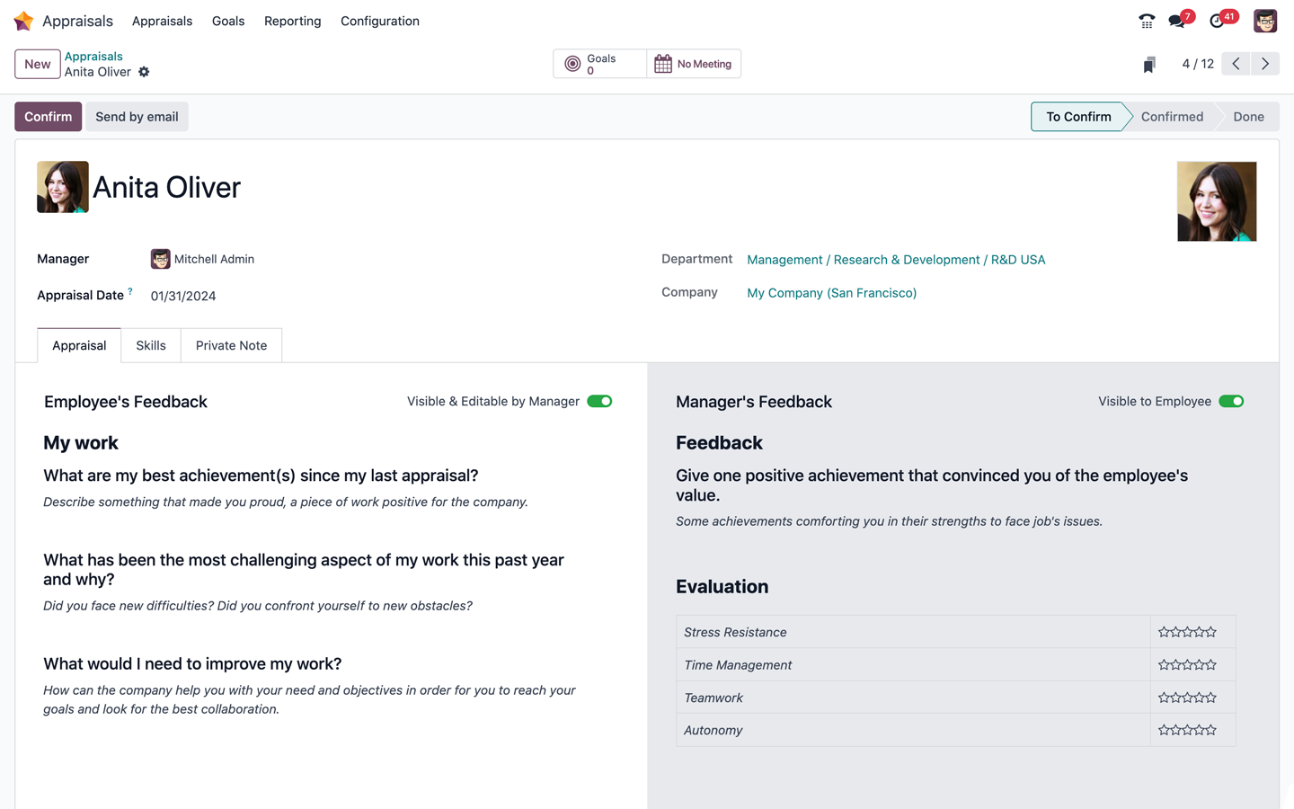 Beurteilung in Odoo mit Feedback von Mitarbeitendem und Führungskraft