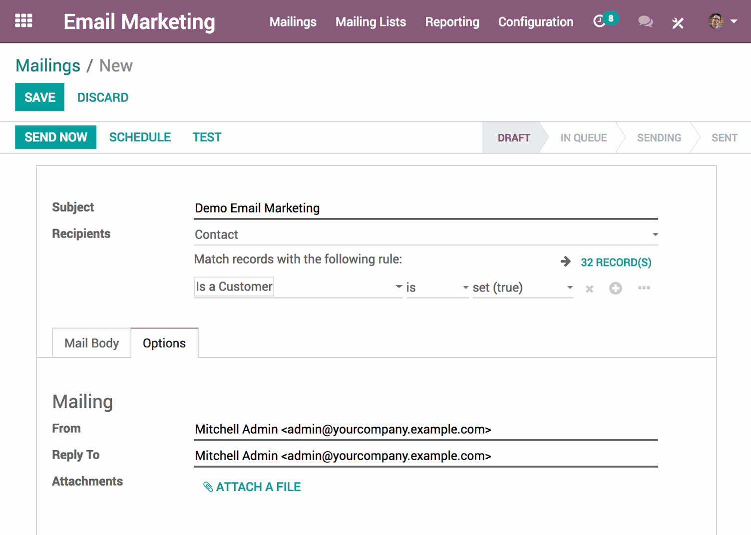 Mailing in Odoo E-Mail-Marketing mit Betreff, Empfängern und Inhalt