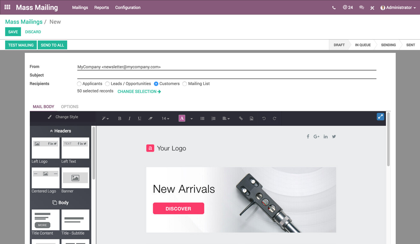 Newsletter-Editor in Odoo mit Bausteinen und Vorschau