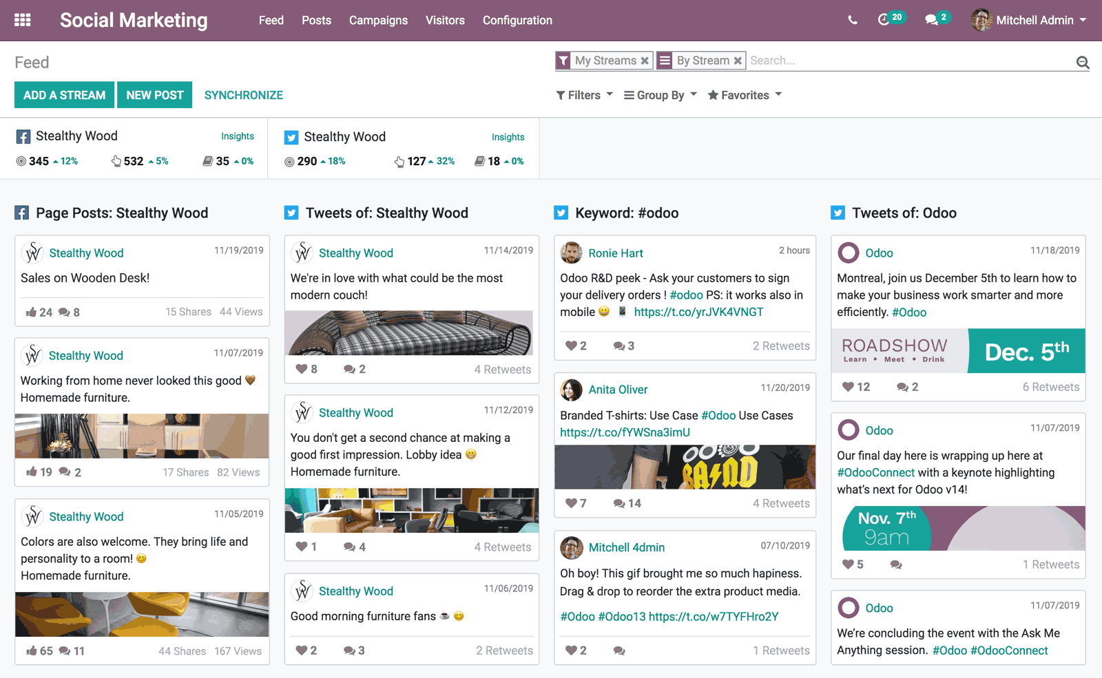 Social-Media-Feed in Odoo Social Marketing mit Streams mehrerer Konten