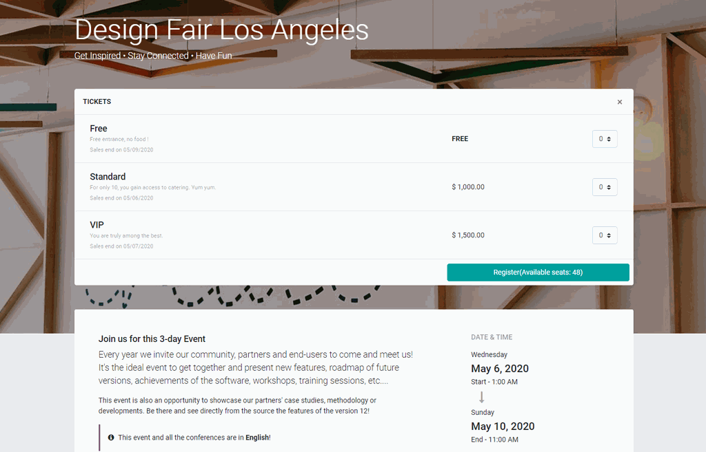 Eventseite in Odoo mit Ticketkategorien und Anmeldung