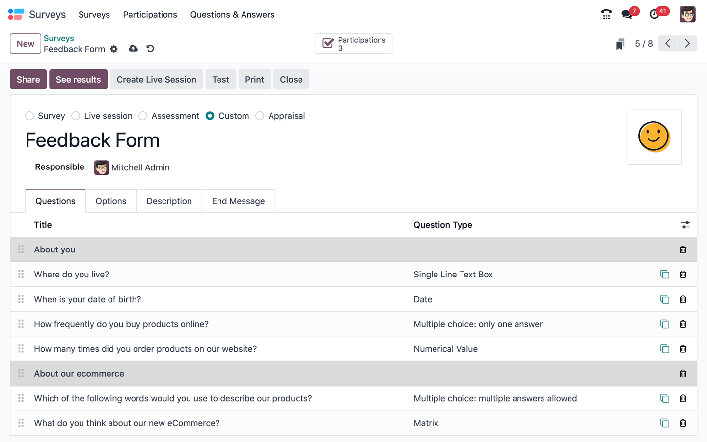 Umfrage in Odoo mit Fragen und Fragetypen