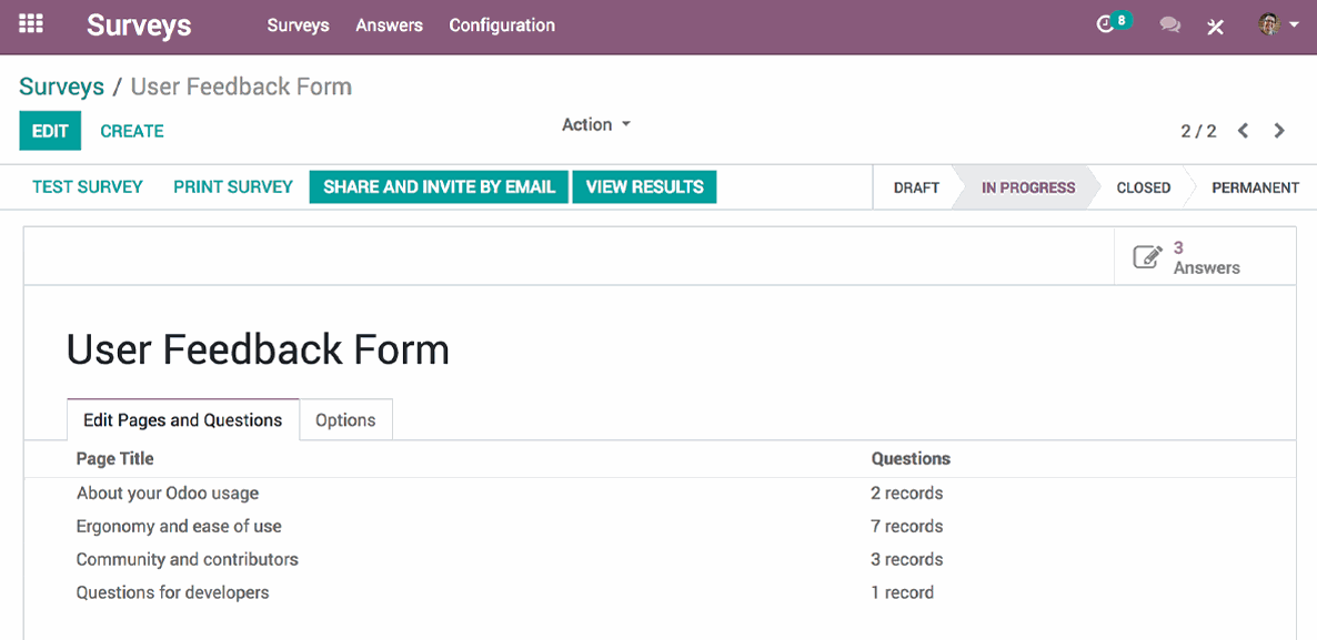 Fragebogen-Editor in Odoo Umfragen
