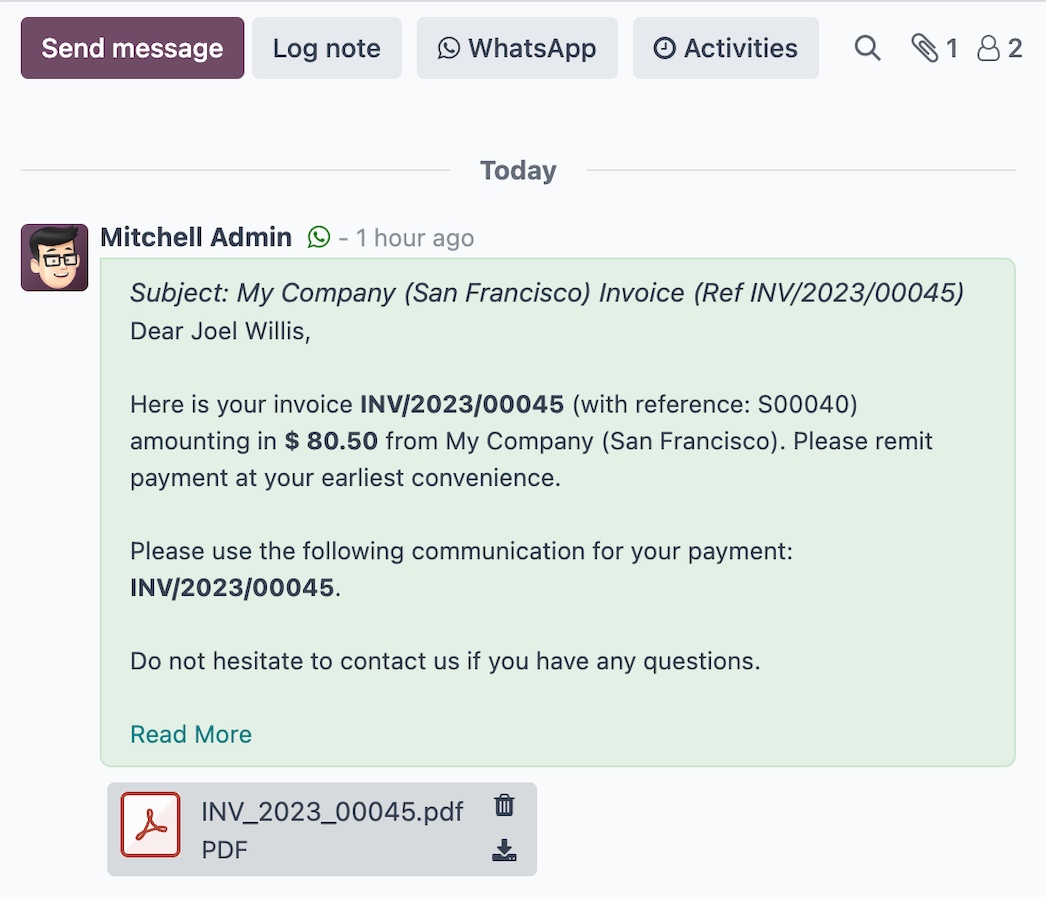 WhatsApp-Nachricht aus Odoo mit Rechnung als PDF