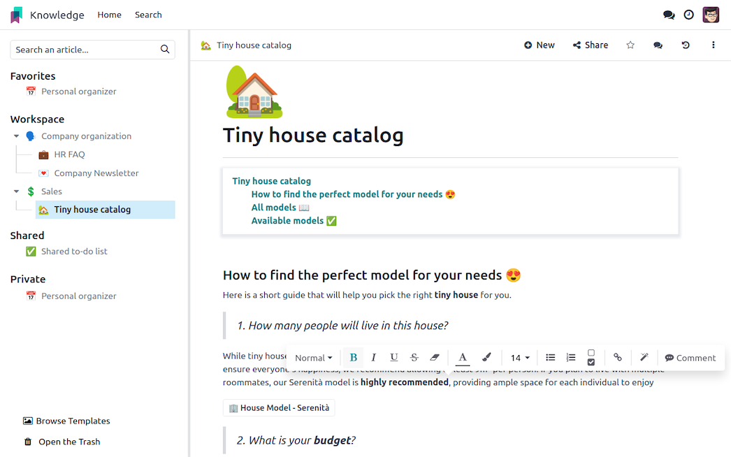 Artikel in Odoo Wissen mit Seitenstruktur und Editor