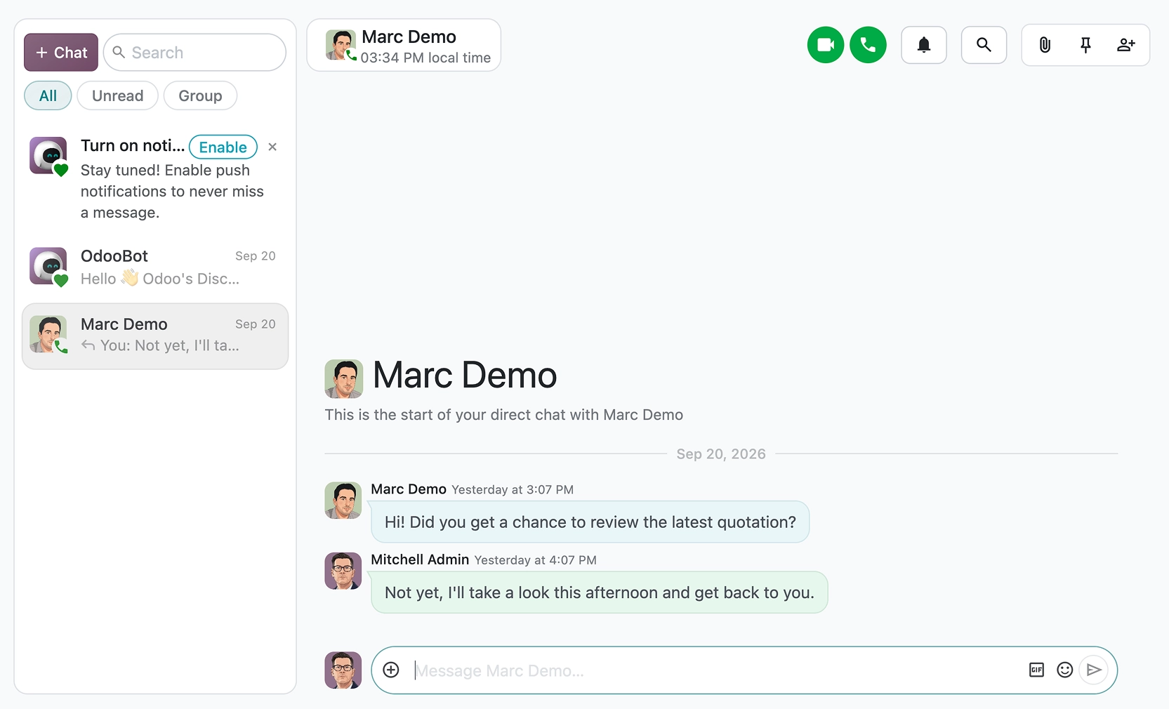 Direktnachrichten in Odoo Dialog mit Chatverlauf