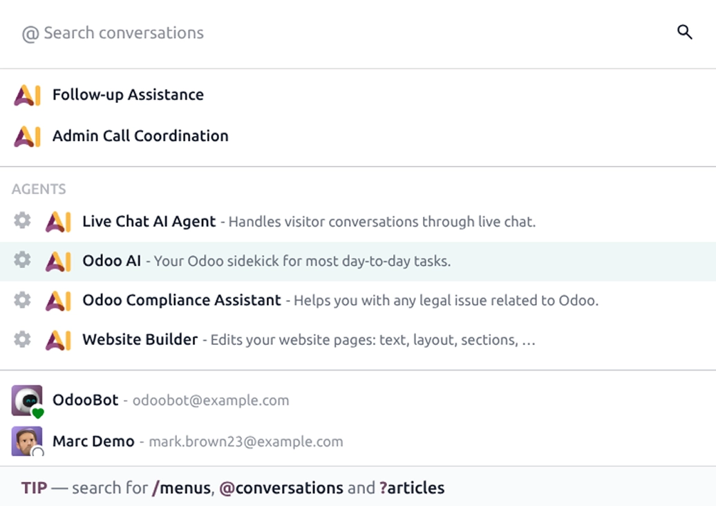 Suche nach Gesprächen und KI-Agenten in Odoo Dialog