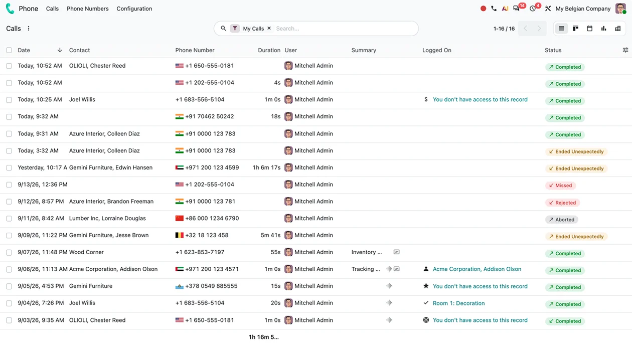 Anrufliste in Odoo VoIP mit Kontakten, Dauer und Status