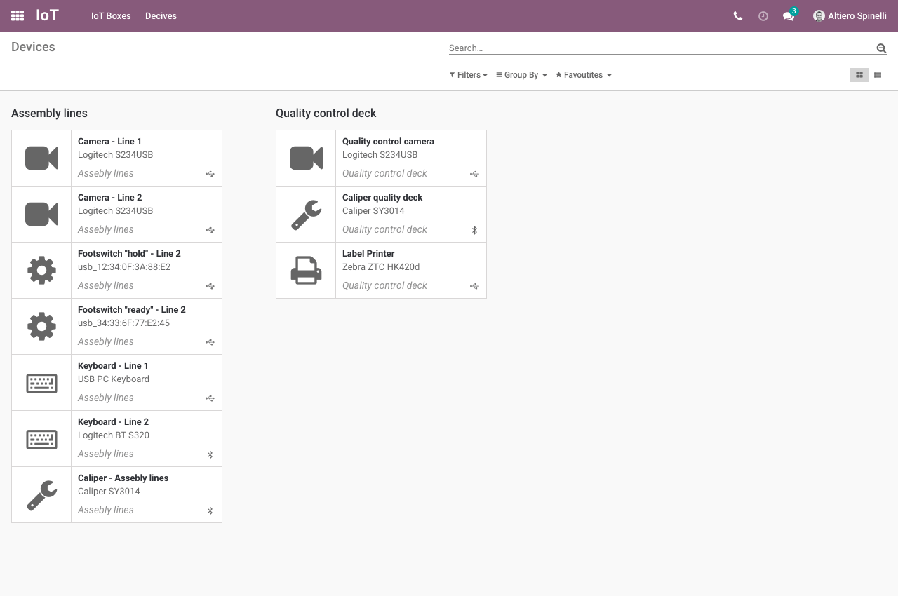 Geräteübersicht in Odoo IoT mit Kameras, Druckern und Messgeräten