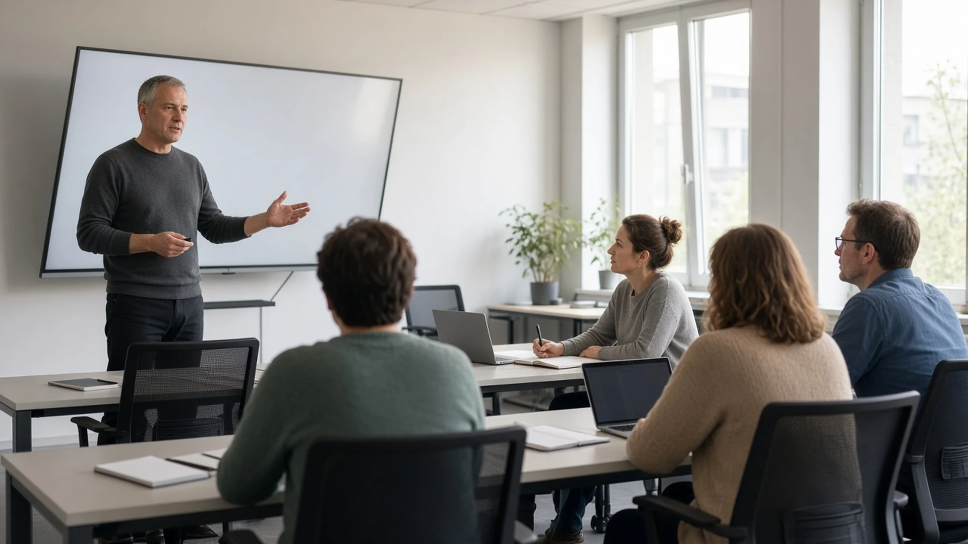 Interne Schulung zum Umgang mit KI-Werkzeugen: Ein Trainer erklärt vor einem Bildschirm, Mitarbeitende eines mittelständischen Unternehmens sitzen mit Laptops und Notizblöcken an Tischen