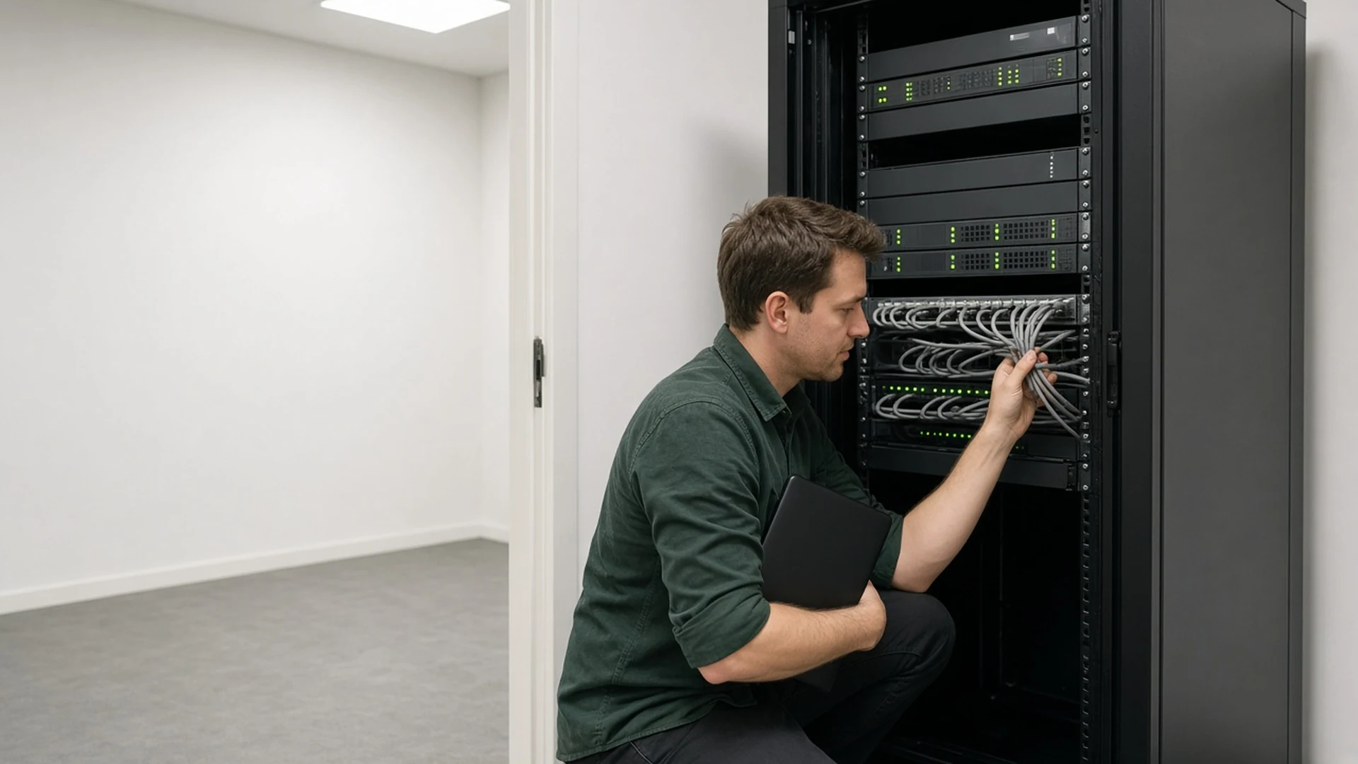 IT-Administrator prüft die Netzwerkverkabelung im Serverschrank eines mittelständischen Unternehmens, auf dem das ERP-System im eigenen Haus läuft