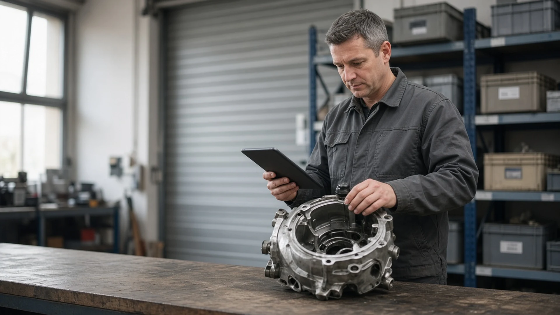 Servicetechniker in einer Werkstatt prüft ein geöffnetes Pumpengehäuse und gleicht den Reparaturauftrag auf dem Tablet ab