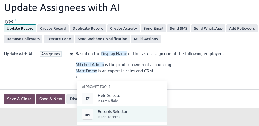 Automatisierungsregel in Odoo 19 Studio mit dem Typ Update Record und einer KI-Anweisung, die Aufgaben anhand des Namens einem von zwei Mitarbeitern zuweist