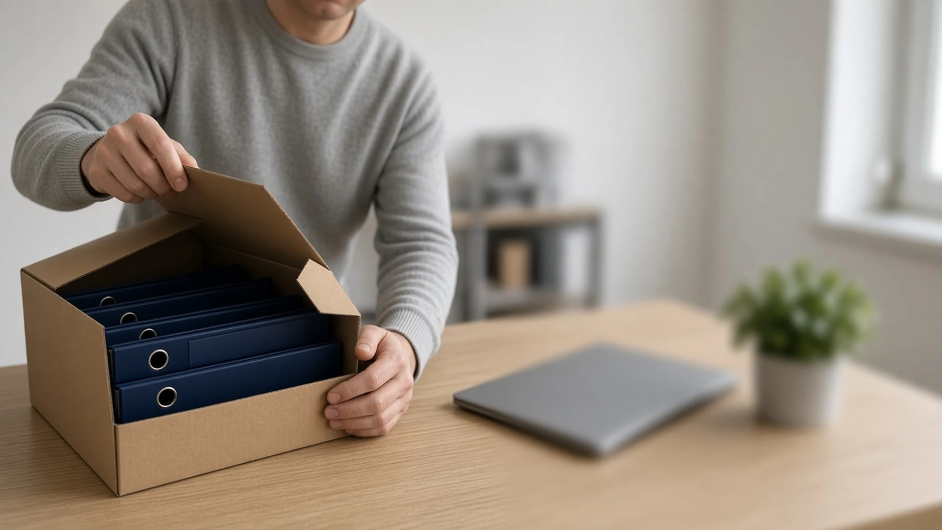 Ein Mitarbeiter in grauem Pullover öffnet am Schreibtisch einen Archivkarton mit dunkelblauen Ordnern, daneben ein zugeklappter Laptop und eine Grünpflanze im Gegenlicht des Fensters