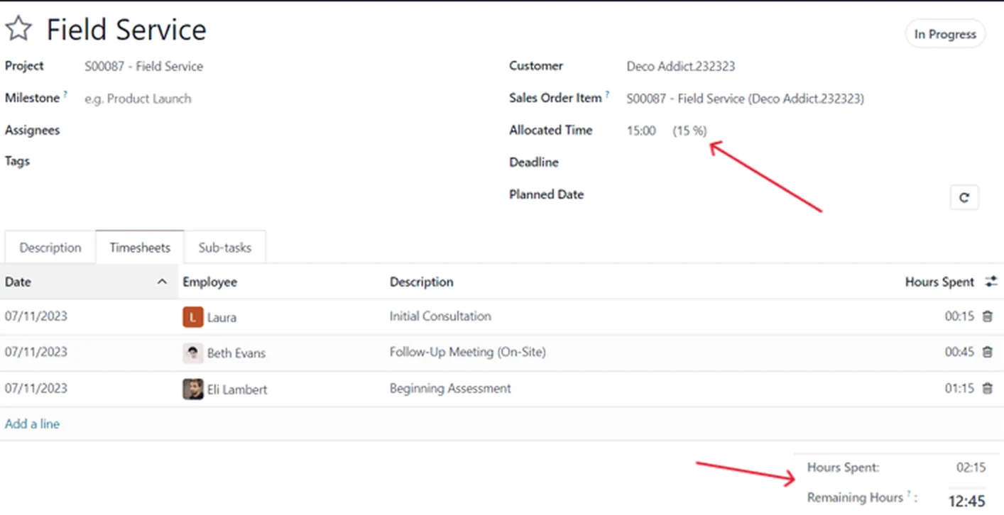 Aufgabe in Odoo 19 mit dem Reiter Timesheets: drei Stundenbuchungen mit Datum, Mitarbeiter, Beschreibung und Dauer, darunter die verbrauchten und die verbleibenden Stunden