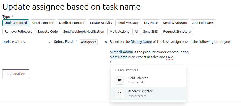 Automatisierte Aktion in Odoo 20 vom Typ Datensatz aktualisieren mit der Option Update with AI und einer Anweisung zur Zuweisung von Aufgaben