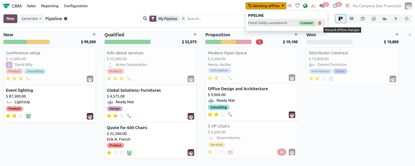 CRM-Pipeline in Odoo 20 im Offline-Modus mit dem Hinweis Working offline und einer offline angelegten Verkaufschance